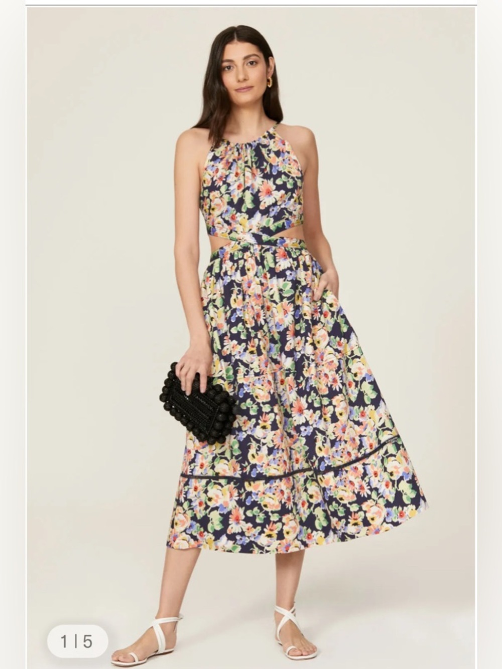 SOMETHING NAVY Women's Floral Cutout Midi Dress Size S In Navy Combo